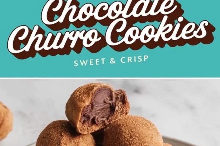 A collage featuring rows of chocolate churro cookie dough balls on parchment-lined baking sheets, a text overlay “Chocolate Churro Cookies Sweet & Crisp,” and a plate of finished cookies with one cut open to reveal a rich chocolate filling. This collage emphasizes the baking process and final presentation, suitable for cookie recipe posts and dessert inspiration.