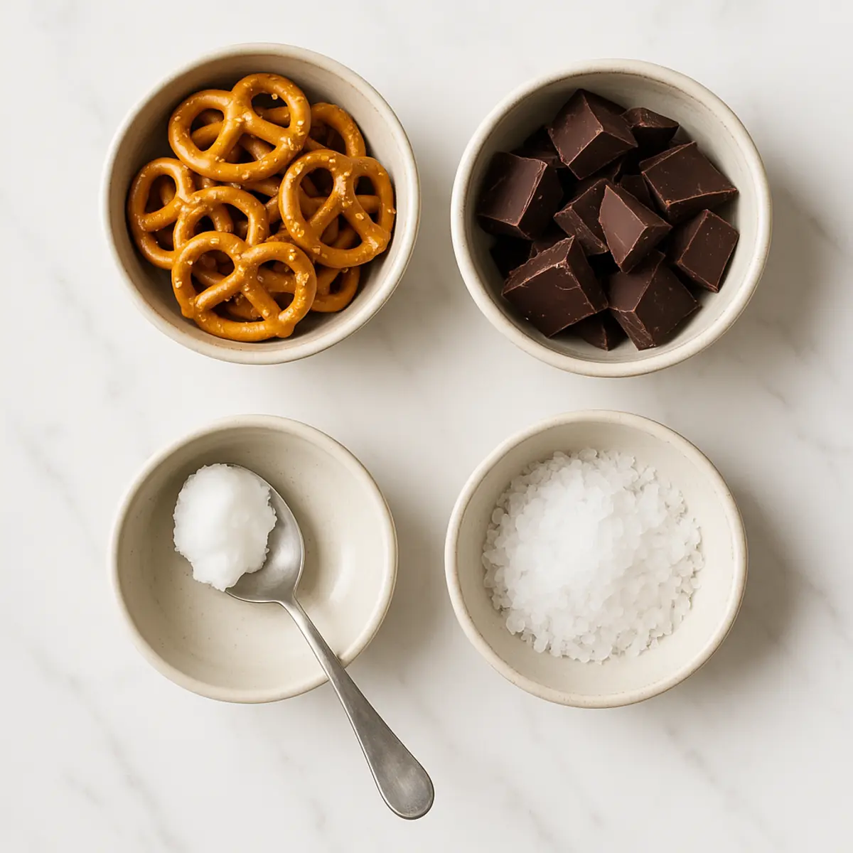 Four small ceramic bowls on a marble surface hold ingredients for chocolate pretzels: salted mini pretzels, chopped dark chocolate, coconut oil on a spoon, and flaky sea salt.