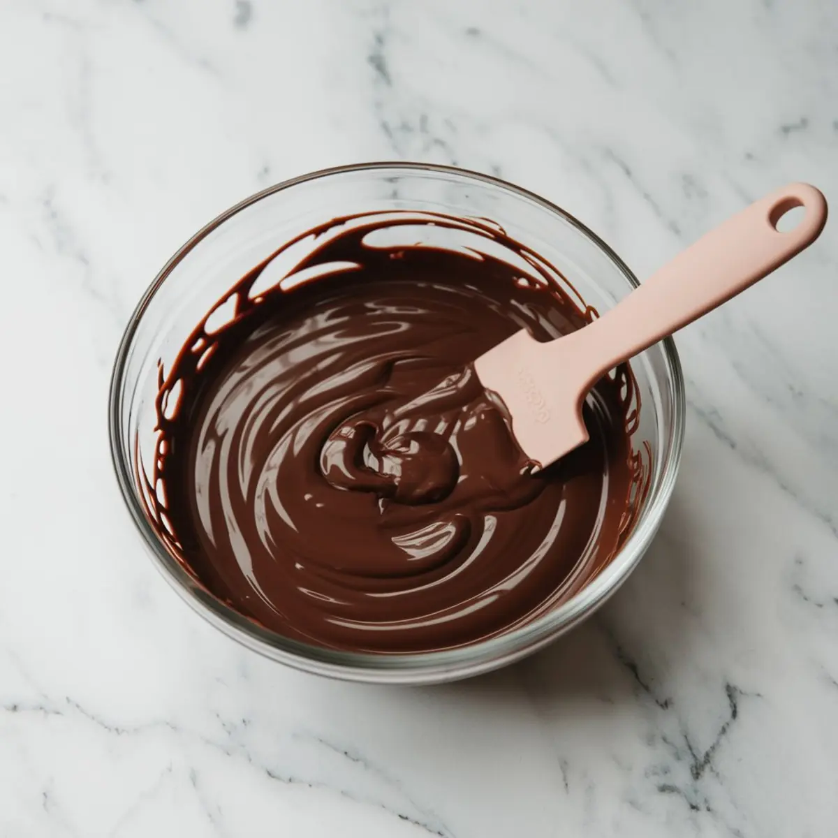 A glass bowl filled with smooth, melted dark chocolate is placed on a white marble surface, with a pink silicone spatula resting in the chocolate.