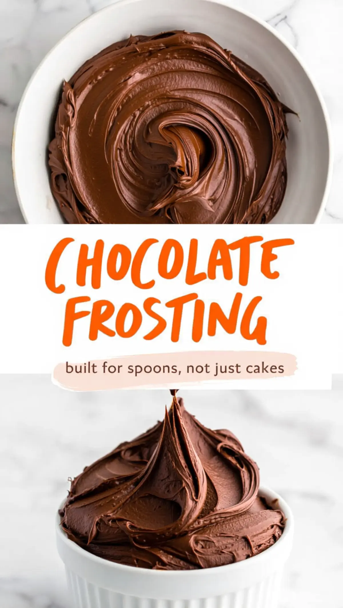 Collage of a bowl of glossy chocolate frosting and a ramekin filled with piped chocolate frosting peaks. The orange text “Chocolate Frosting - built for spoons, not just cakes” emphasizes its indulgent texture and spoonable richness.