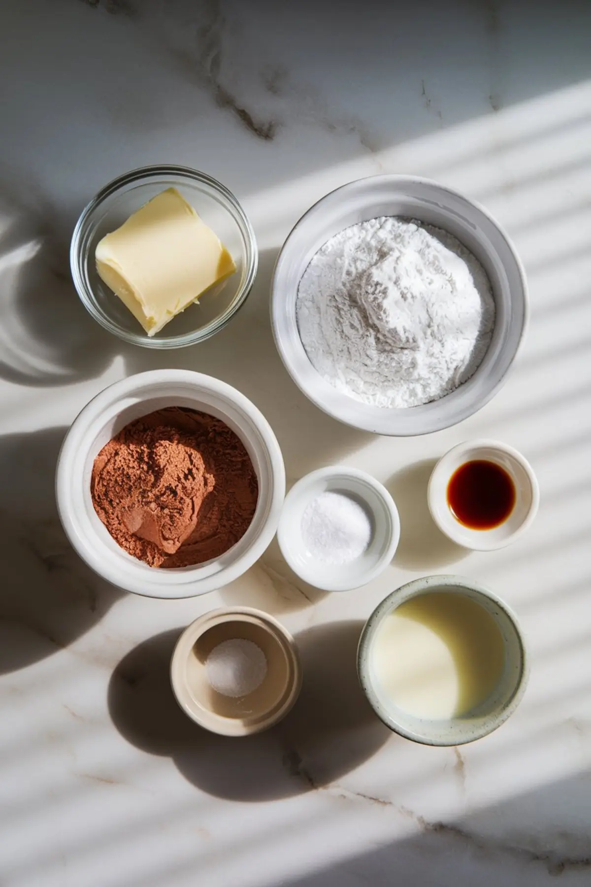 Flat lay of chocolate frosting ingredients arranged on a marble surface, including butter, powdered sugar, cocoa powder, salt, baking soda, vanilla extract, and milk. This setup highlights essential baking elements for homemade chocolate buttercream.