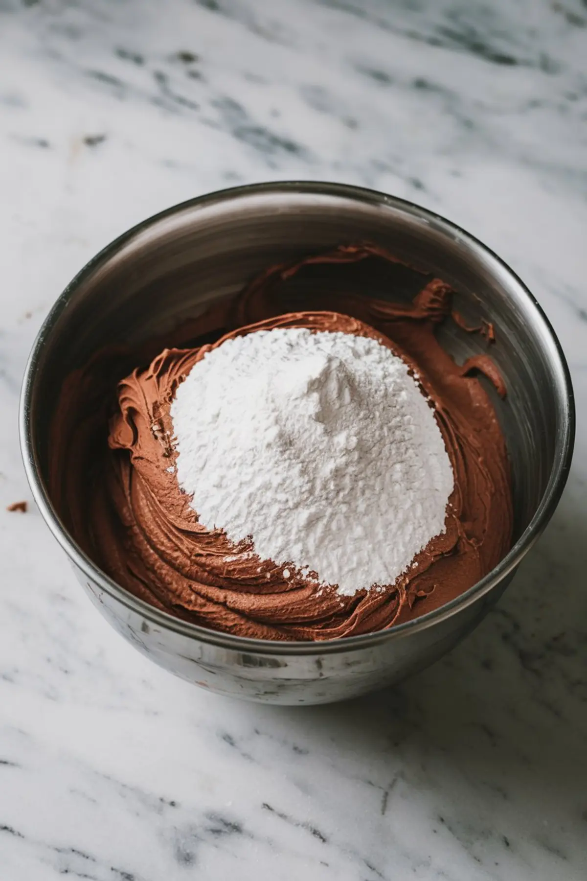 Cocoa powder and powdered sugar added to whipped chocolate buttercream in a metal bowl. The contrast of dark chocolate base and bright white sugar shows the frosting’s mid-mixing stage.