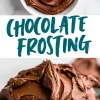 Collage of a bowl of swirled chocolate frosting and a close-up of thick chocolate frosting scooped onto a plate. The teal text reads “Chocolate Frosting,” visually promoting its creamy consistency.