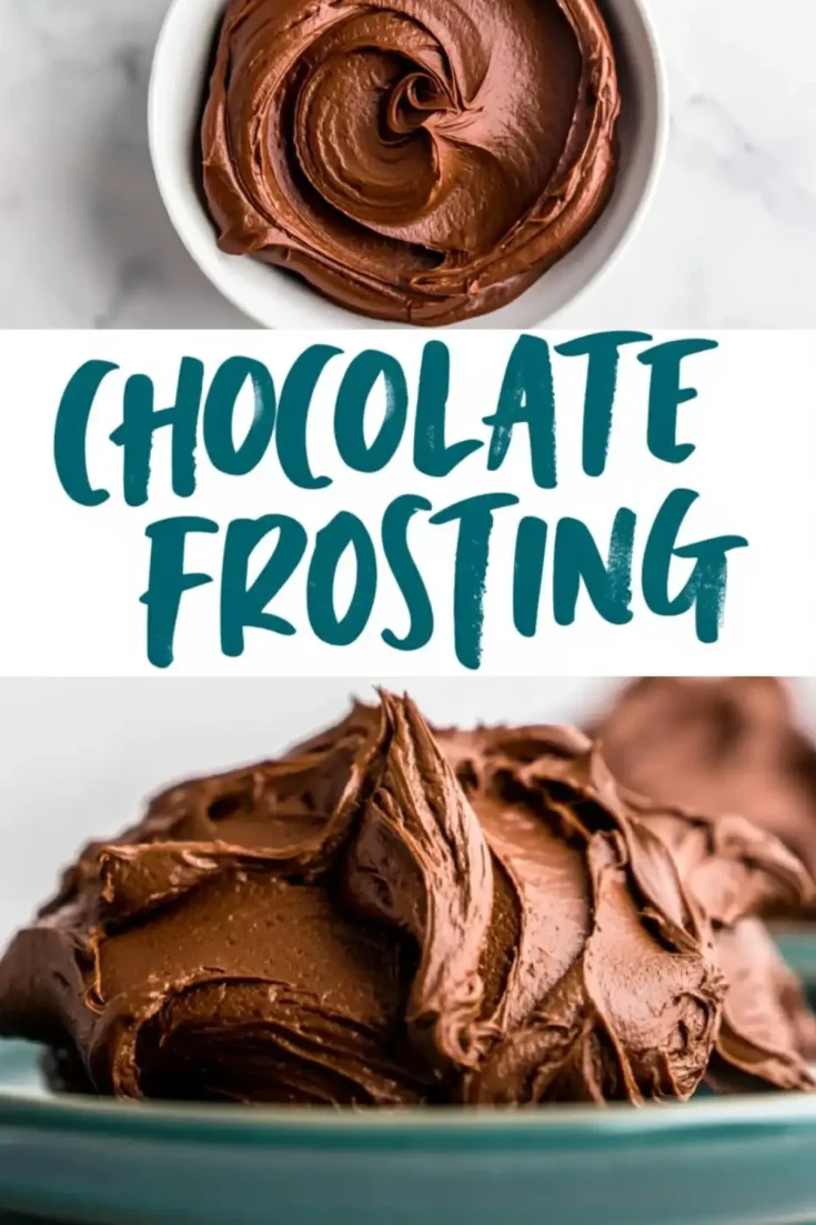 Collage of a bowl of swirled chocolate frosting and a close-up of thick chocolate frosting scooped onto a plate. The teal text reads “Chocolate Frosting,” visually promoting its creamy consistency.
