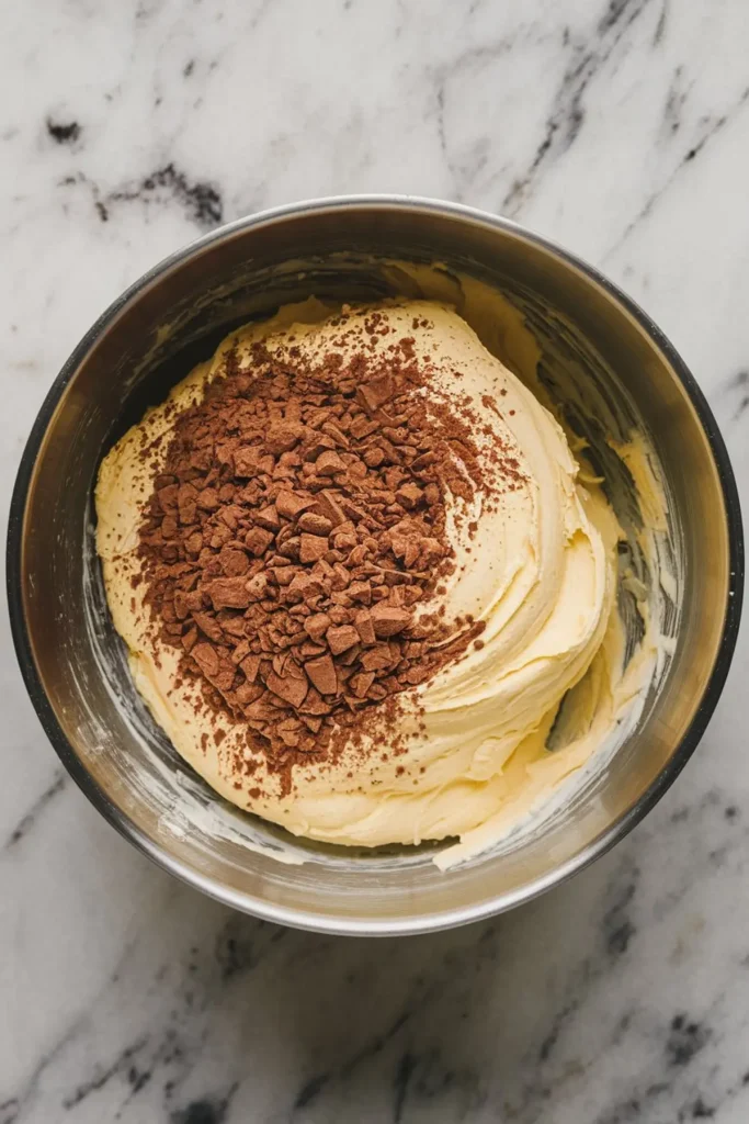 Creamy vanilla frosting topped with cocoa powder and chopped chocolate in a metal mixing bowl. This step illustrates the addition of chocolate flavoring elements before blending into a chocolate frosting.