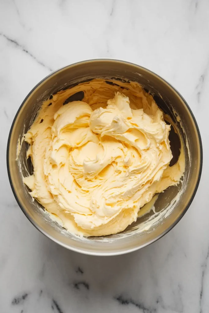 Whipped butter in a metal mixing bowl on a marble surface. The smooth, creamy texture of the butter marks the first step in preparing rich and fluffy chocolate frosting.