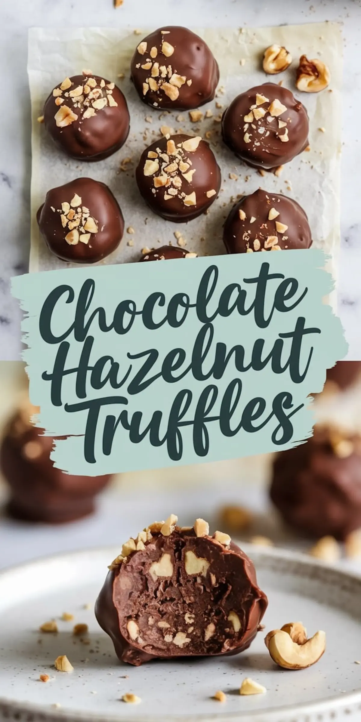 Top and bottom views of chocolate hazelnut truffles on parchment paper, with each truffle coated in smooth chocolate and sprinkled with golden chopped hazelnuts.