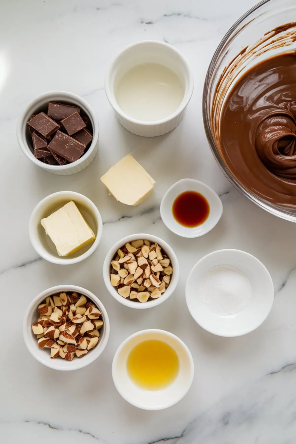 Flat lay of chocolate hazelnut truffle ingredients on a marble surface, including dark chocolate squares, cream, butter, vanilla extract, sugar, chopped hazelnuts, and a bowl of melted chocolate ganache.