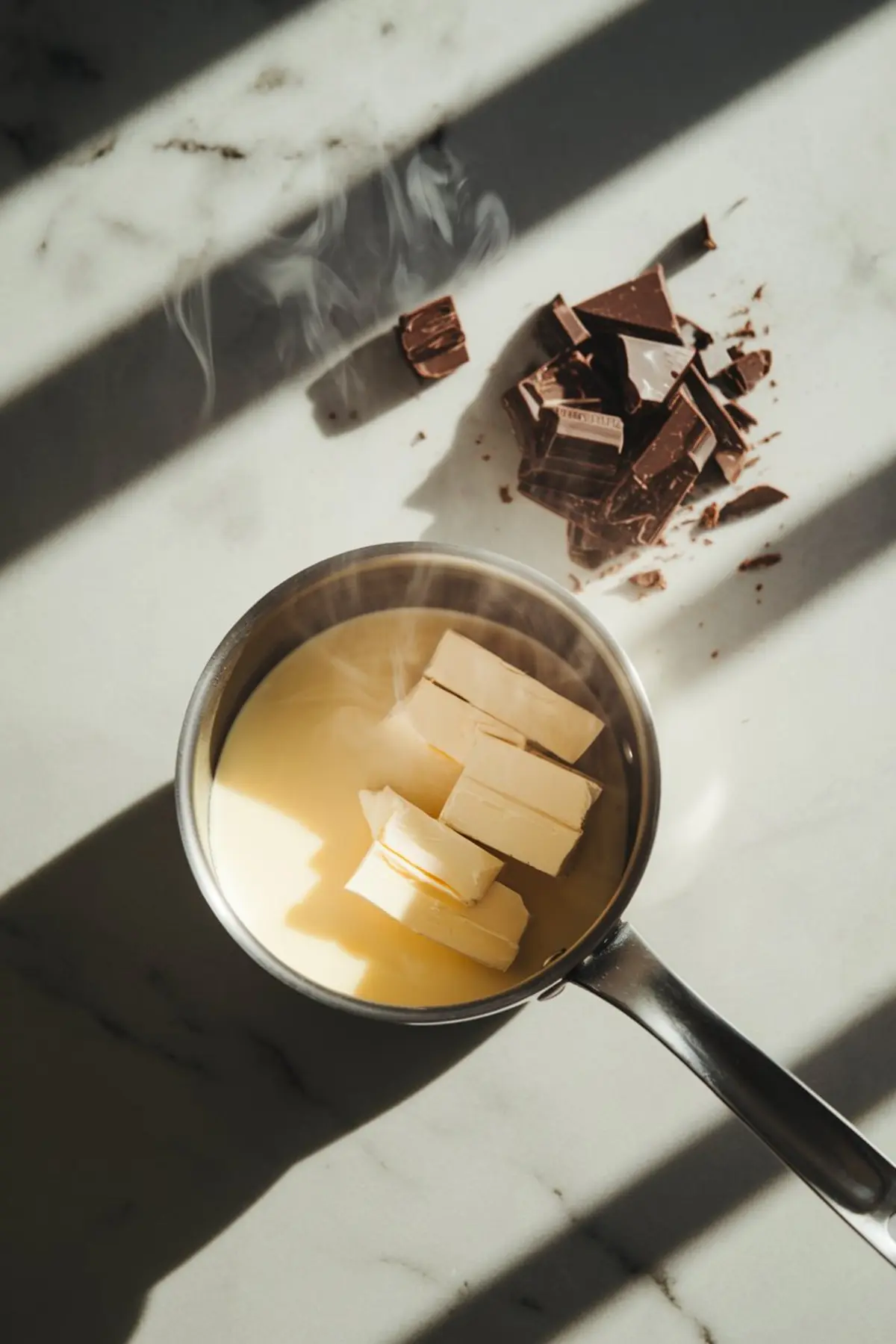 Top view of a saucepan filled with cream and stacked butter pieces, with steam rising beside scattered chunks of chopped chocolate on a marble surface.