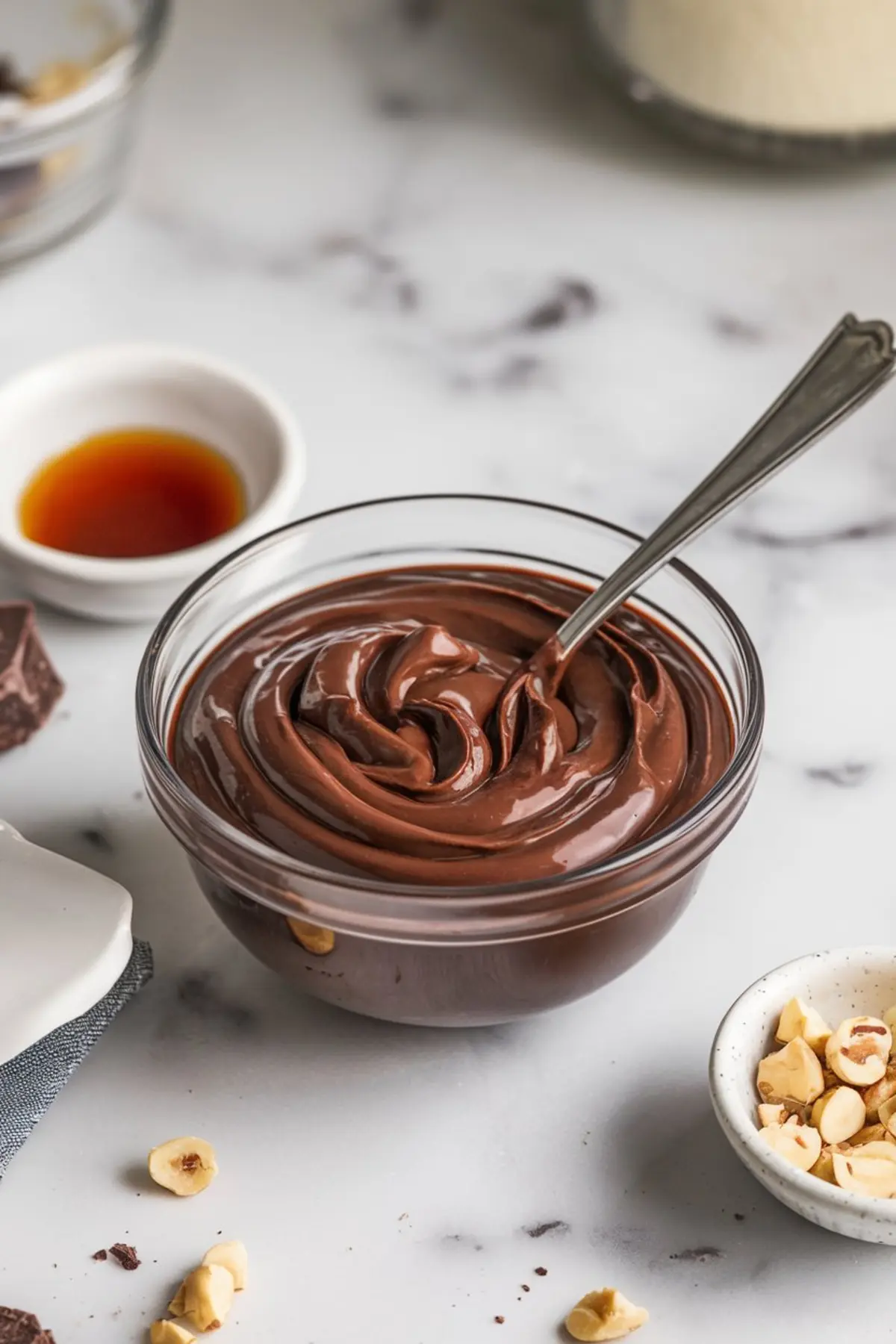 Glass bowl filled with silky chocolate ganache and a spoon, surrounded by ingredients including vanilla extract, chopped hazelnuts, and pieces of dark chocolate.