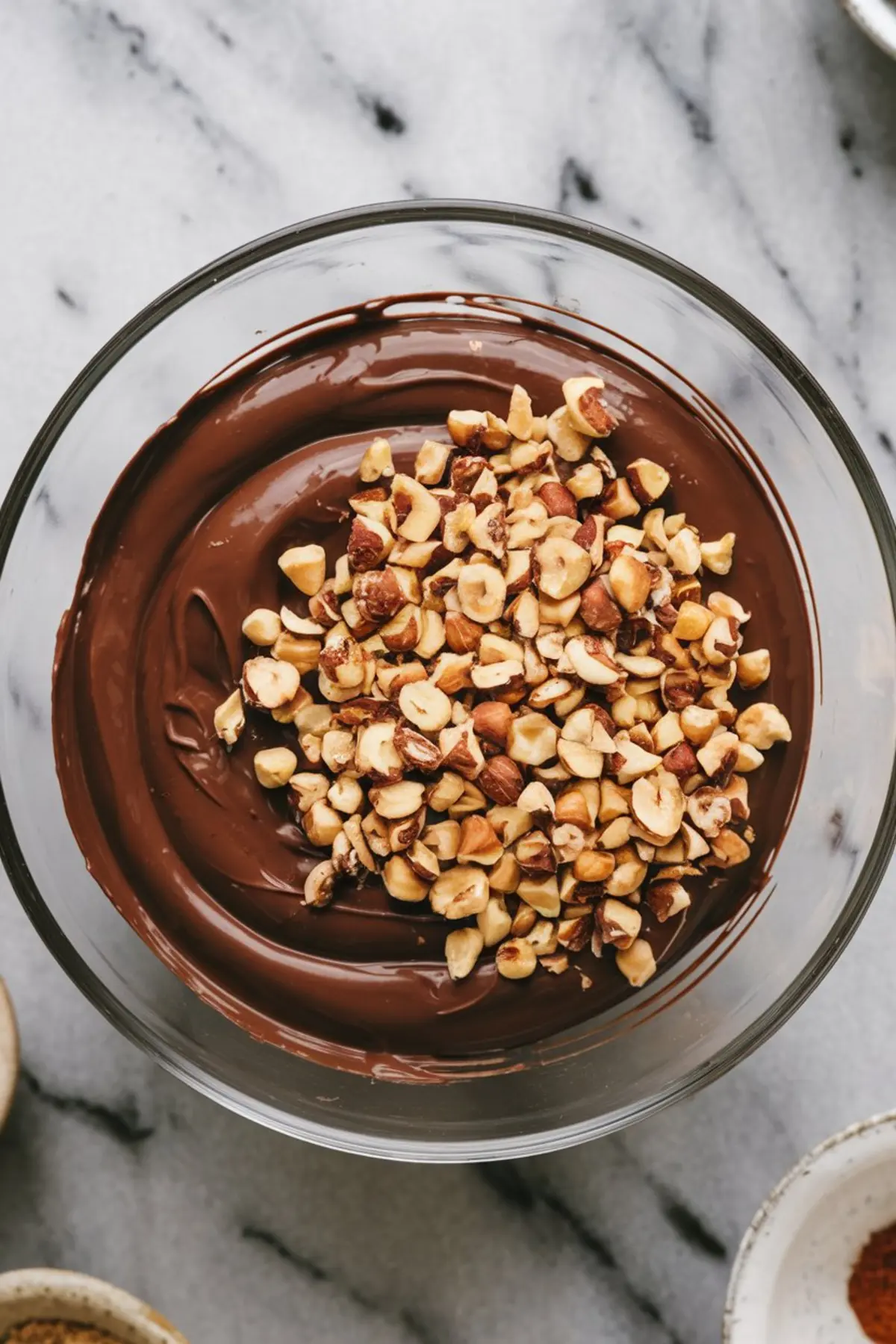 Overhead view of a bowl of melted chocolate topped with a generous layer of chopped roasted hazelnuts, placed on a marble surface.