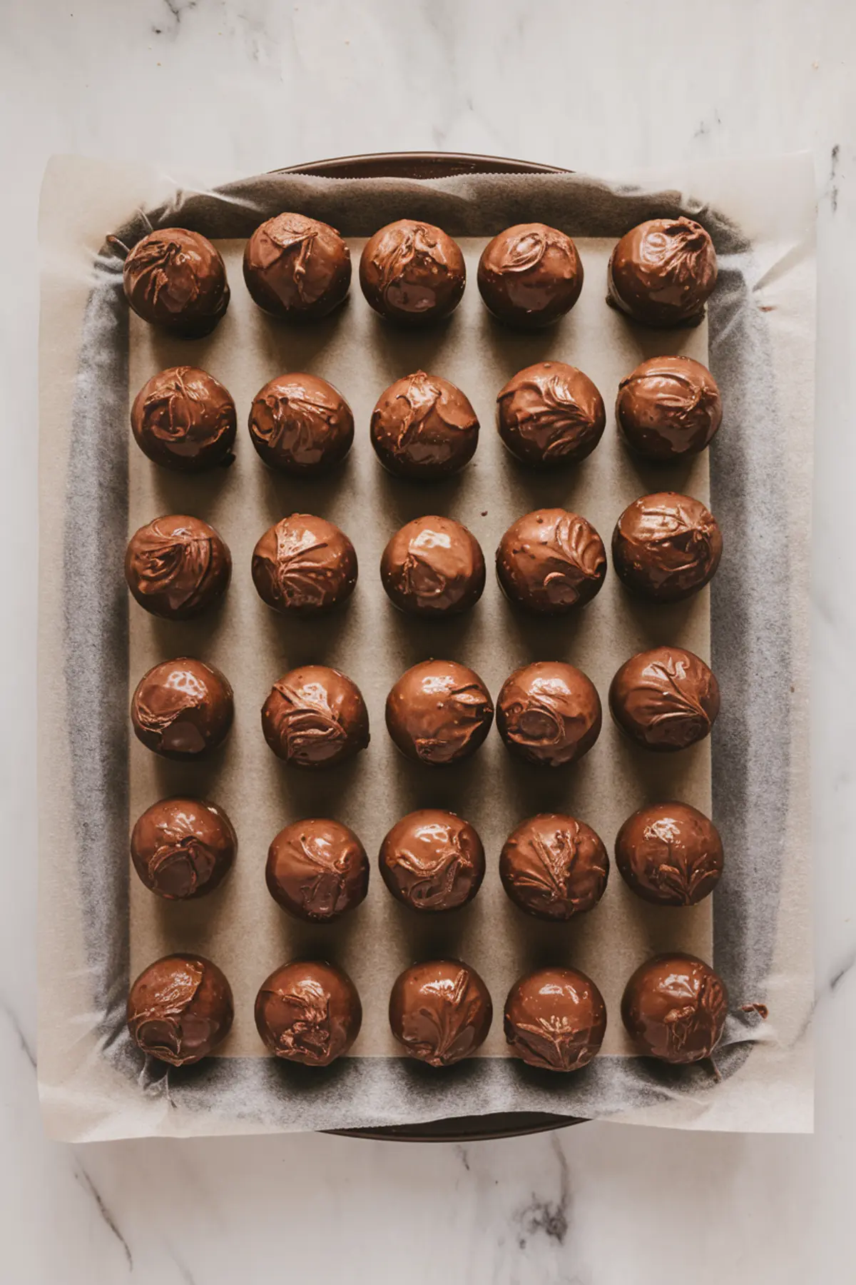 Tray of round chocolate truffles arranged in neat rows on parchment paper, each truffle coated in smooth chocolate and set on a marble countertop.