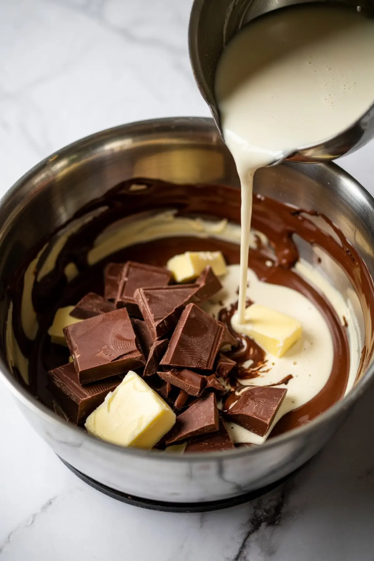Cream being poured into a metal bowl filled with chopped chocolate and butter, showing the process of making chocolate filling for a pie.