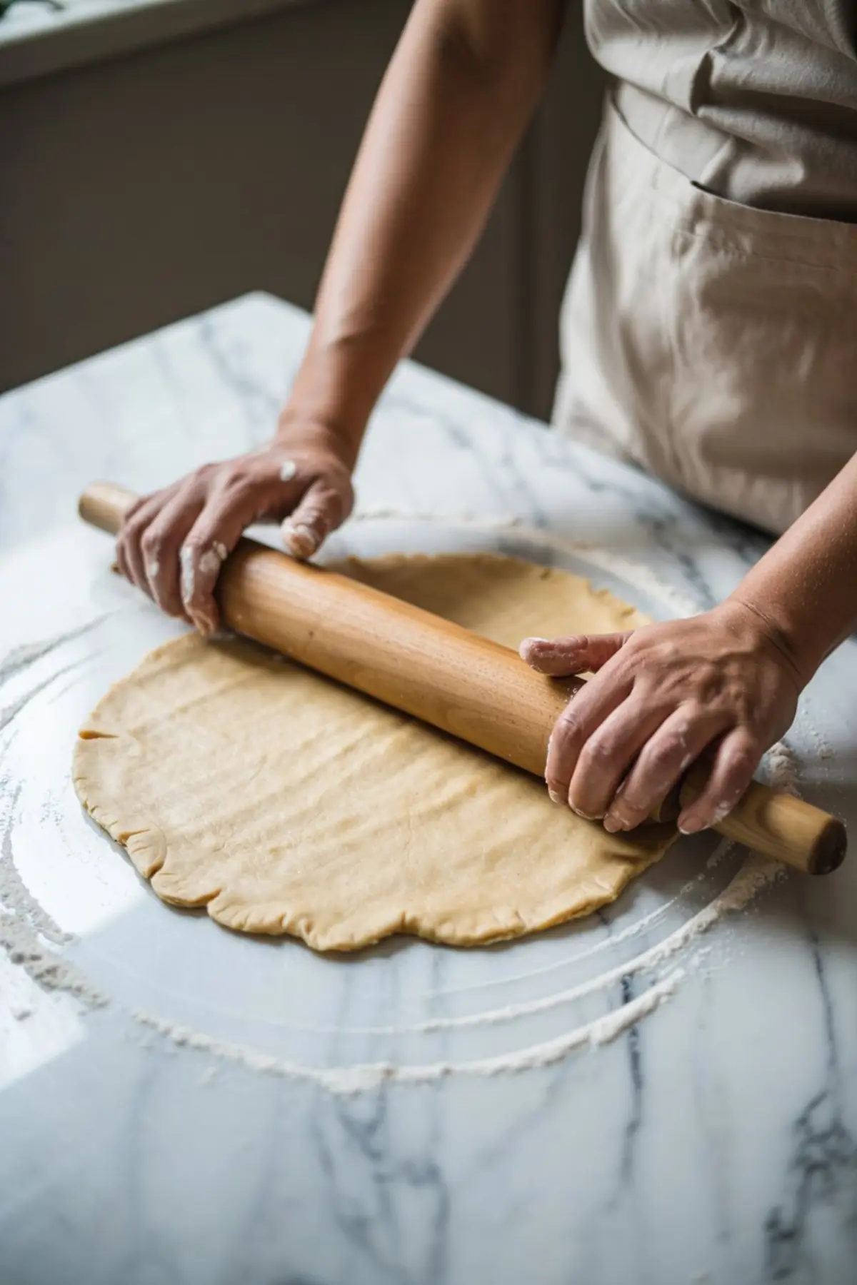 Emma rolls out pie dough with a wooden rolling pin on a floured marble surface. The dough is spread evenly in a circular shape, prepared for placing into a pie dish.