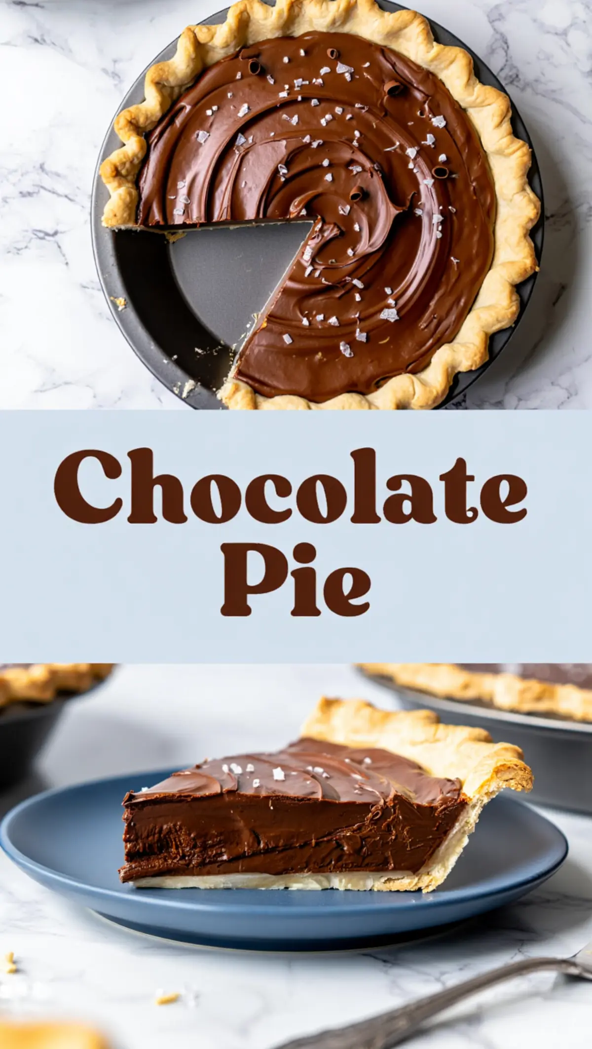 Overhead and side view of a classic chocolate pie in a fluted crust. The top is swirled with smooth chocolate filling and sprinkled with sea salt. The side view reveals a thick chocolate layer served on a matte blue plate.