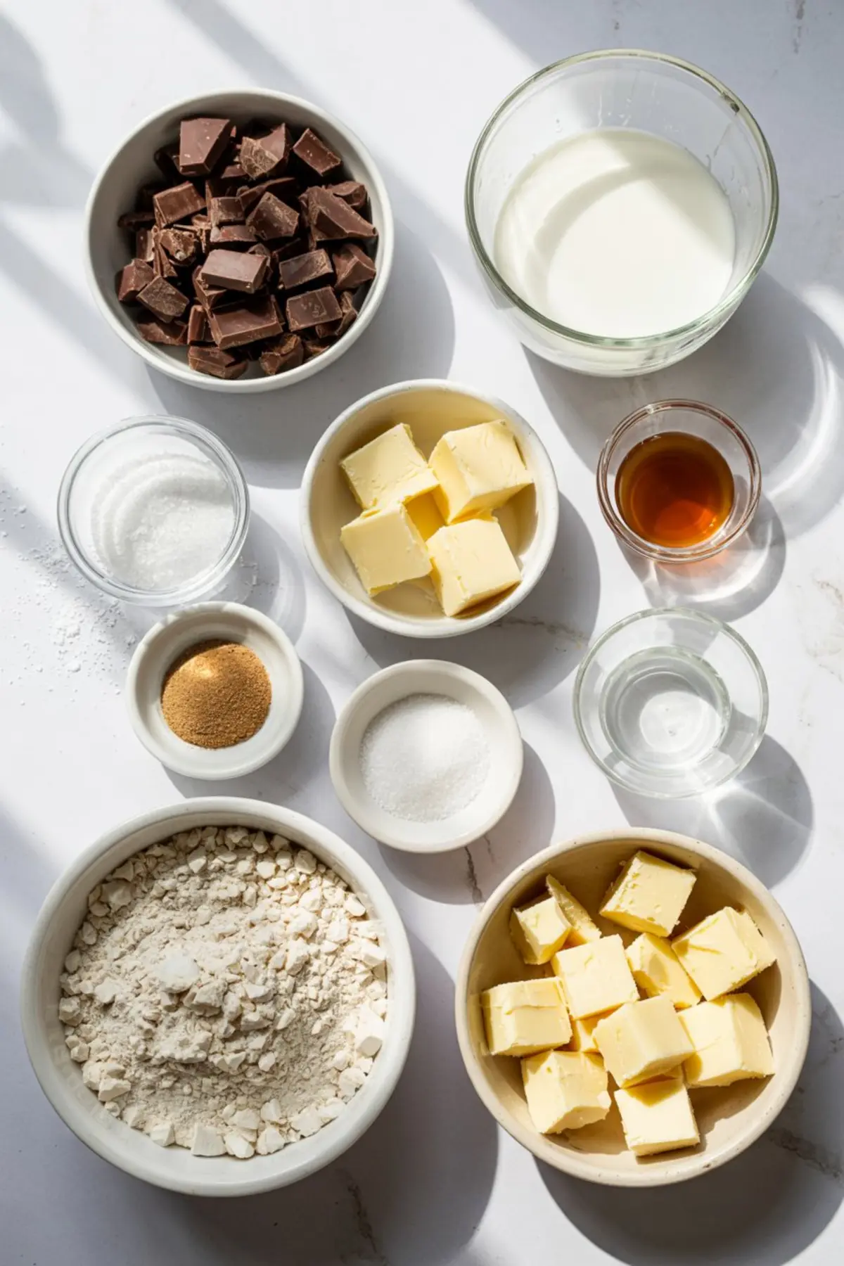 Flat lay of chocolate pie ingredients including chopped chocolate, butter cubes, flour, milk, sugar, brown sugar, vanilla extract, and water, arranged in small bowls on a white surface.