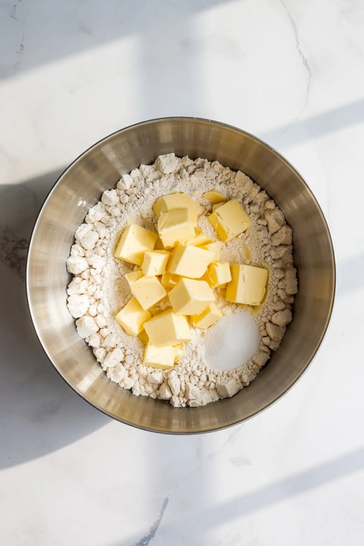 Overhead view of butter cubes, flour, and a small pile of sugar in a metal mixing bowl on a marble surface, showing the beginning stages of making pie dough.