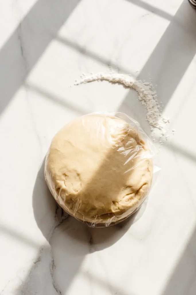 Wrapped disc of chilled pie dough resting on a floured white surface, ready to be rolled out for baking.