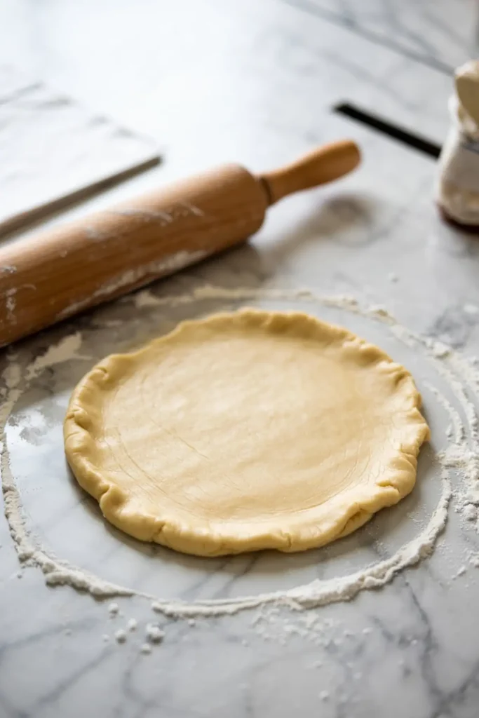 Rolled-out pie dough on a floured marble surface with a wooden rolling pin nearby, ready to be placed in a pie dish.
