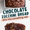 Collage image of a chocolate zucchini bread loaf topped with melted chocolate chips and a thick slice on a plate, highlighting a rich and moist interior with visible chocolate chunks.