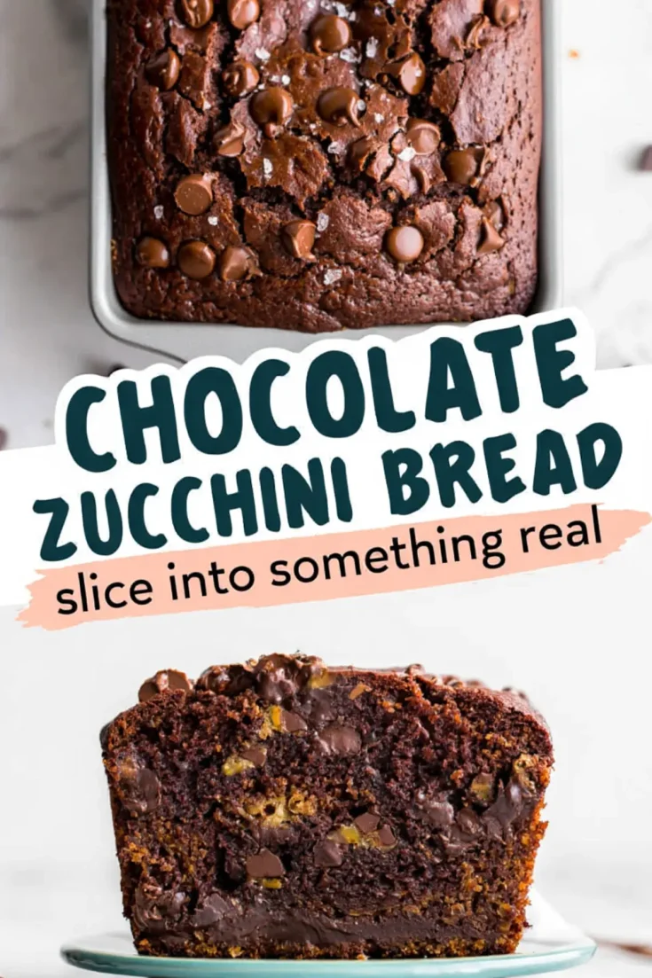 Collage image of a chocolate zucchini bread loaf topped with melted chocolate chips and a thick slice on a plate, highlighting a rich and moist interior with visible chocolate chunks.