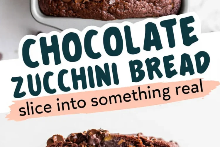 Collage image of a chocolate zucchini bread loaf topped with melted chocolate chips and a thick slice on a plate, highlighting a rich and moist interior with visible chocolate chunks.