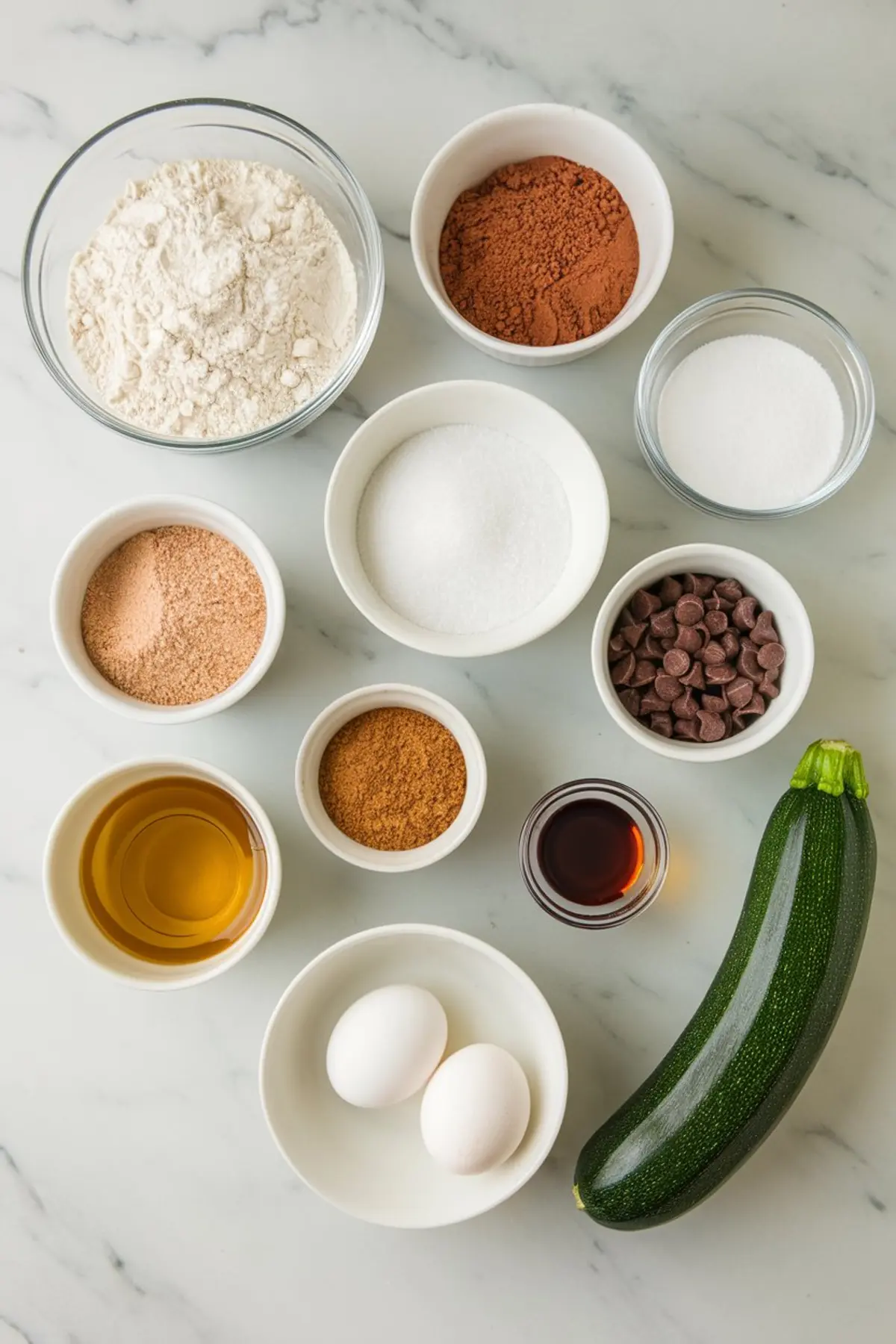 Flat lay of baking ingredients on a white marble surface, including zucchini, eggs, flour, cocoa powder, chocolate chips, sugars, oil, and vanilla extract for chocolate zucchini bread.