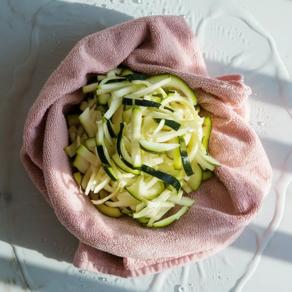 Shredded zucchini resting in a pink towel-lined bowl with visible water droplets on the white surface, showing moisture extraction preparation for baking.