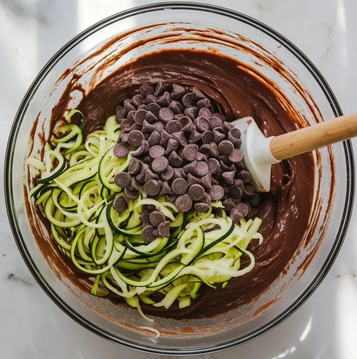 Mixing bowl filled with chocolate batter, topped with freshly spiralized zucchini and semi-sweet chocolate chips, ready to be combined for a moist dessert.