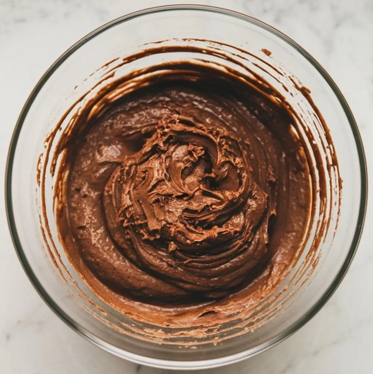 Thick chocolate batter fully mixed in a clear glass bowl, smooth and creamy in texture, showing a rich chocolate base prepared for baking.