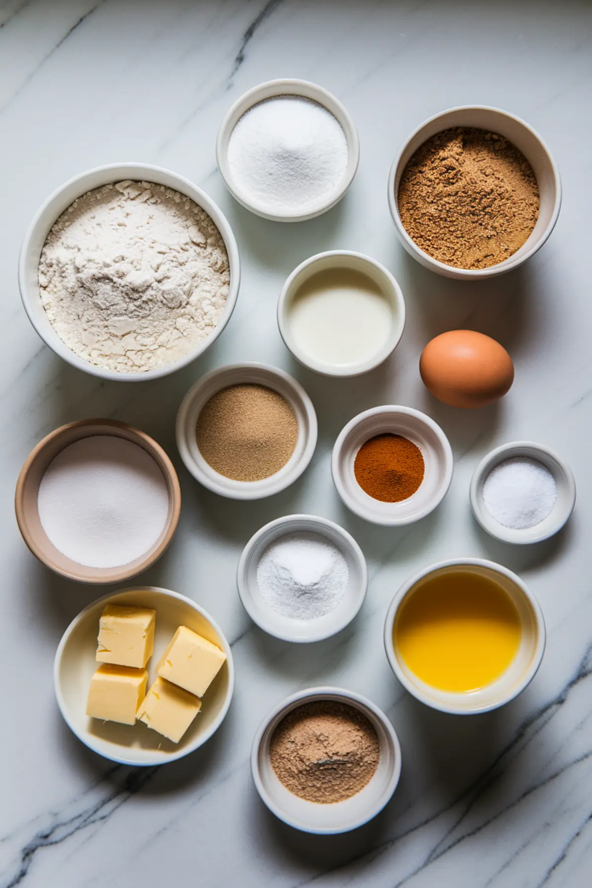 Overhead view of baking ingredients in small bowls on a marble surface, including flour, sugar, brown sugar, yeast, butter, milk, melted butter, egg, cinnamon, salt, and other dry ingredients, arranged neatly for making homemade cinnamon babka dough.