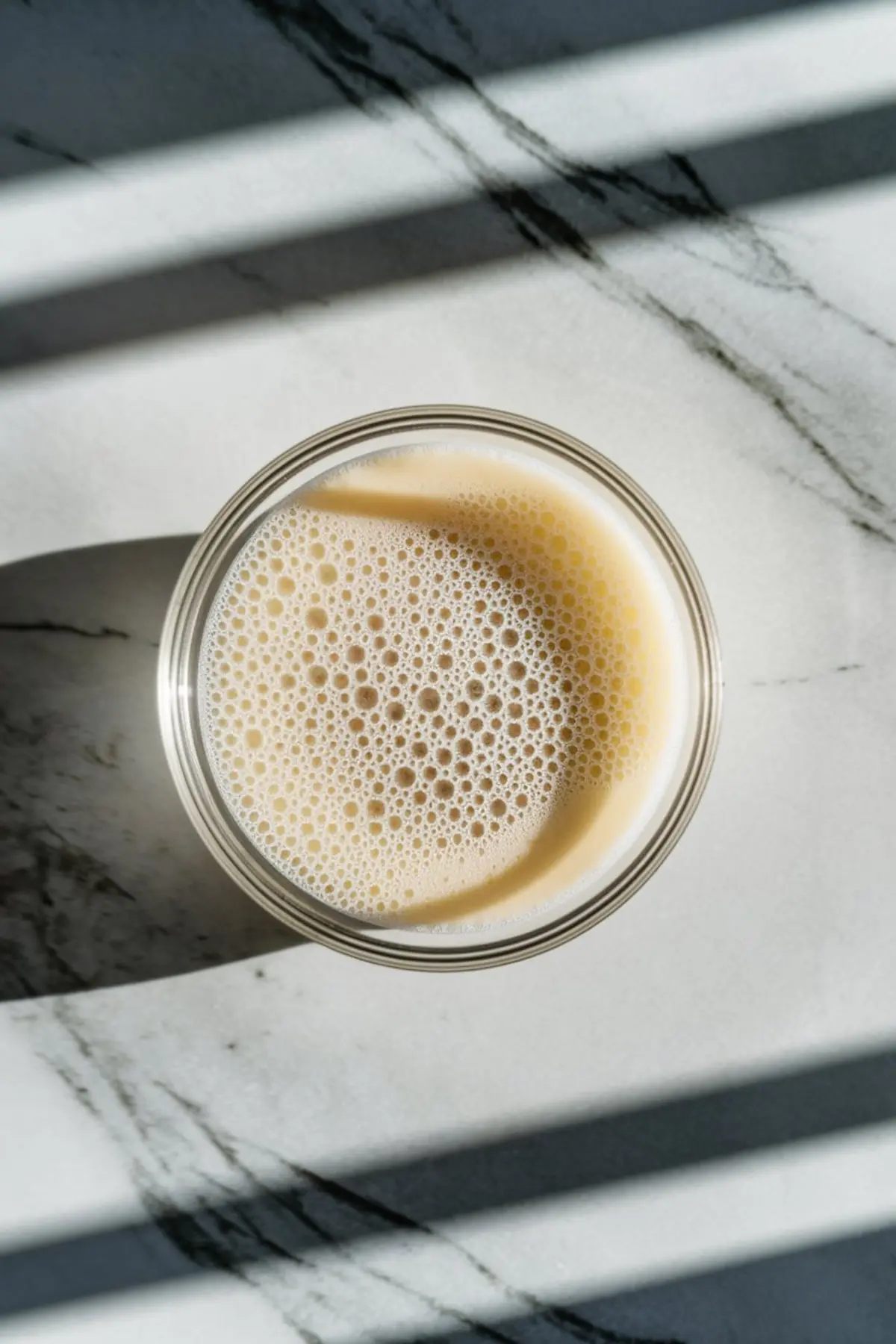 Glass of frothy yeast mixture on a white marble surface, showing activated yeast with bubbles forming on the surface, prepared as part of the babka dough-making process.