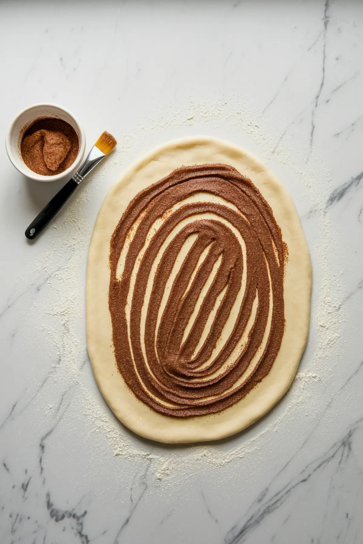 Flattened babka dough on a floured marble surface, topped with a thick swirl of cinnamon sugar filling, with a small bowl of cinnamon mixture and a pastry brush placed beside it for spreading.