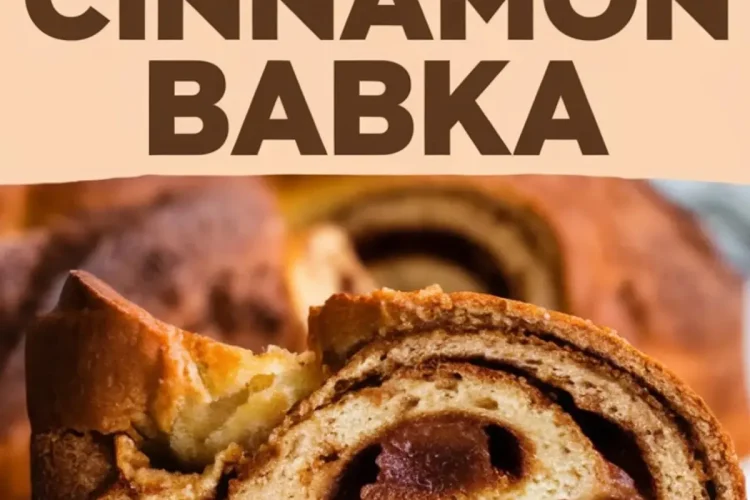 Split collage with a braided cinnamon babka loaf on top, featuring a crisp brown crust, and a close-up slice at the bottom highlighting rich cinnamon layers inside fluffy bread, with bold text “Best Cinnamon Babka” in the center.