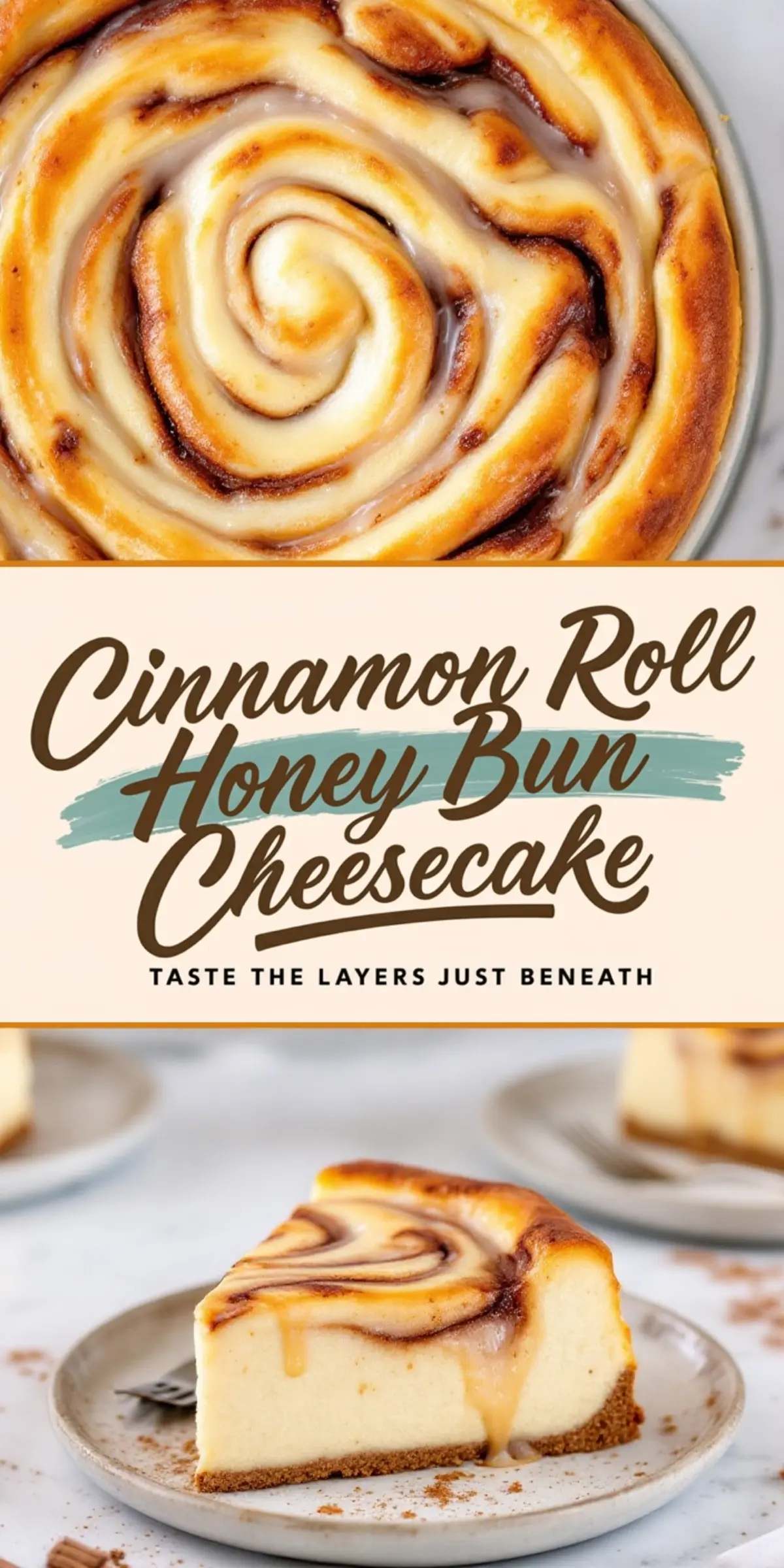 Swirled cinnamon roll honey bun cheesecake topped with glossy vanilla glaze, featuring a golden-brown spiral crust and creamy cheesecake layers on a smooth ceramic plate.