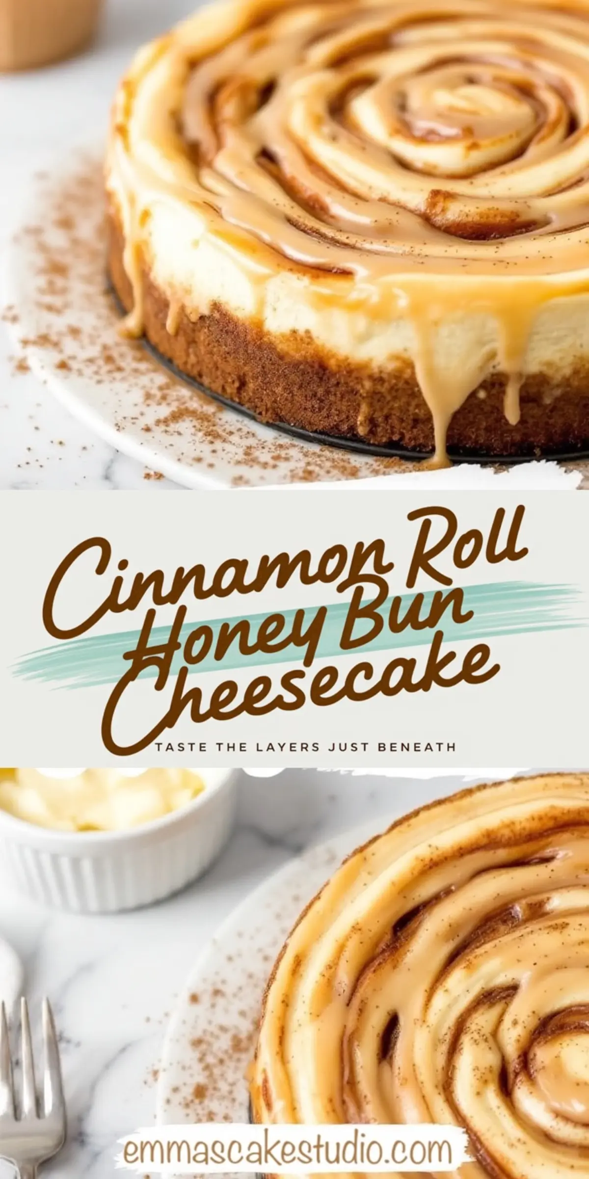 Cinnamon roll honey bun cheesecake with a thick swirl of cinnamon filling and drizzled caramel glaze, set on a white plate and lightly dusted with ground cinnamon.