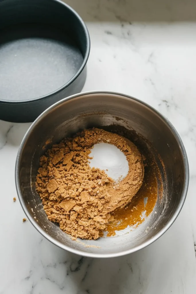 Crushed graham cracker crust mixture with melted butter and sugar partially combined in a stainless steel bowl next to an empty springform pan on a white marble counter.