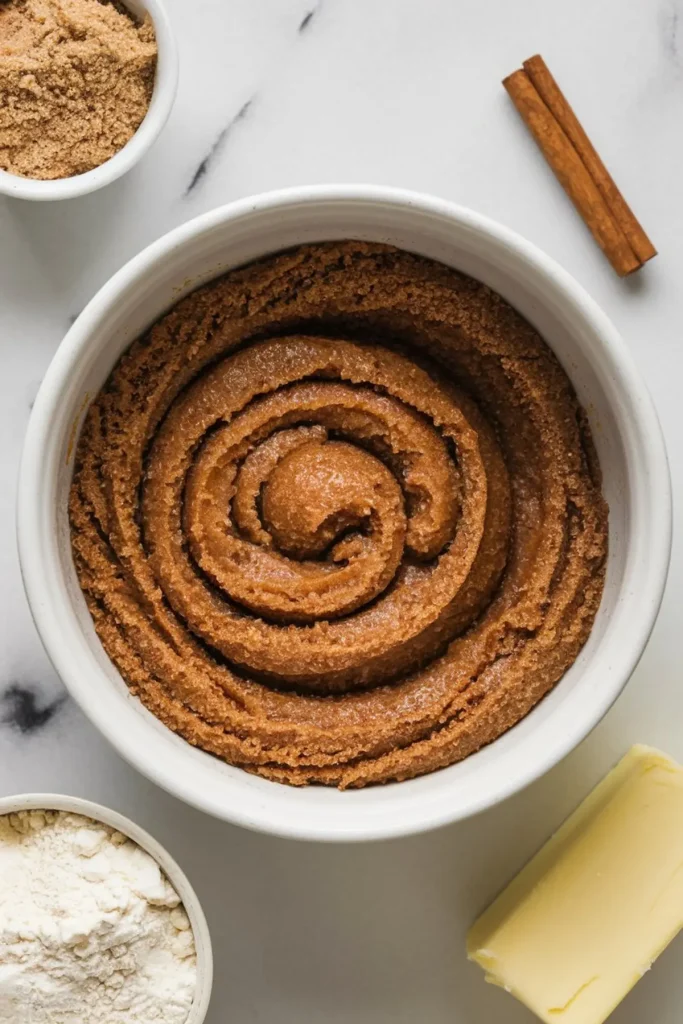 Thick cinnamon sugar filling in a white bowl shaped into a swirl, surrounded by butter, flour, and extra brown sugar on a marble countertop.