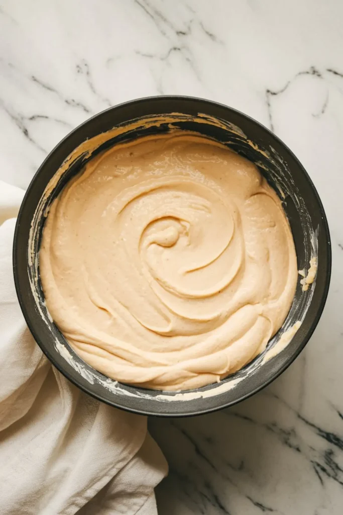 Cheesecake batter evenly spread in a springform pan with visible swirls and a smooth texture, resting on a marble surface beside a folded kitchen towel.