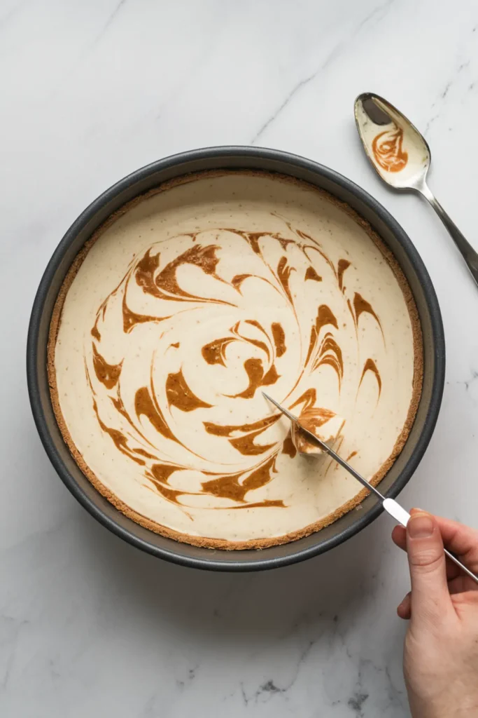 Cheesecake batter in a pan with cinnamon swirl being created using a butter knife, forming a decorative marbled effect, next to a spoon with leftover filling on a white surface.
