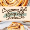 Top and bottom view collage of cinnamon roll honey bun cheesecake with a golden cinnamon swirl top and a slice served on a small plate, showing creamy cheesecake layers and drizzled icing.