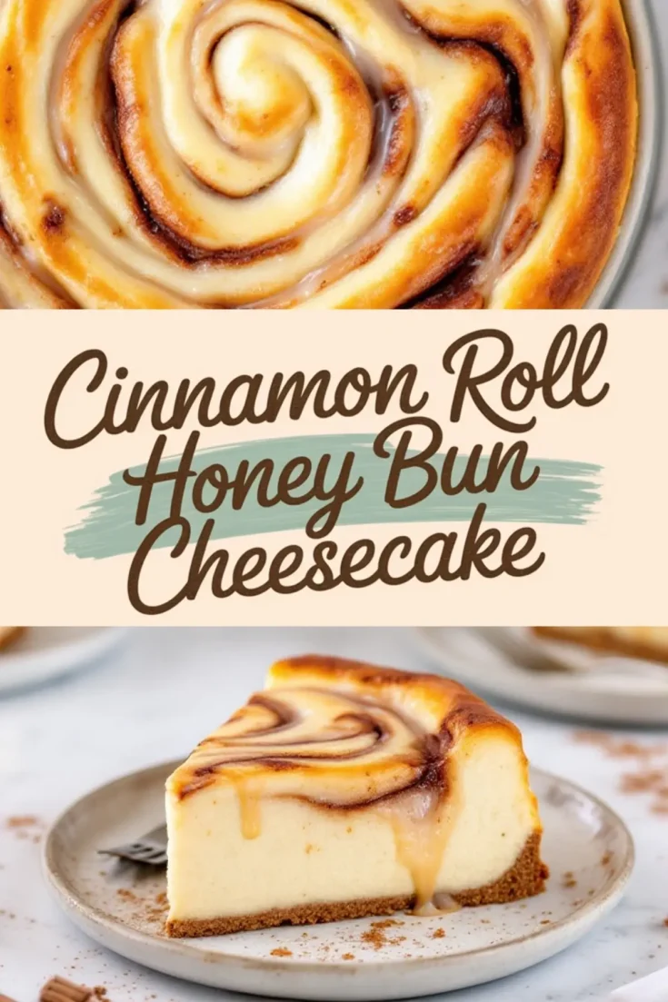 Top and bottom view collage of cinnamon roll honey bun cheesecake with a golden cinnamon swirl top and a slice served on a small plate, showing creamy cheesecake layers and drizzled icing.