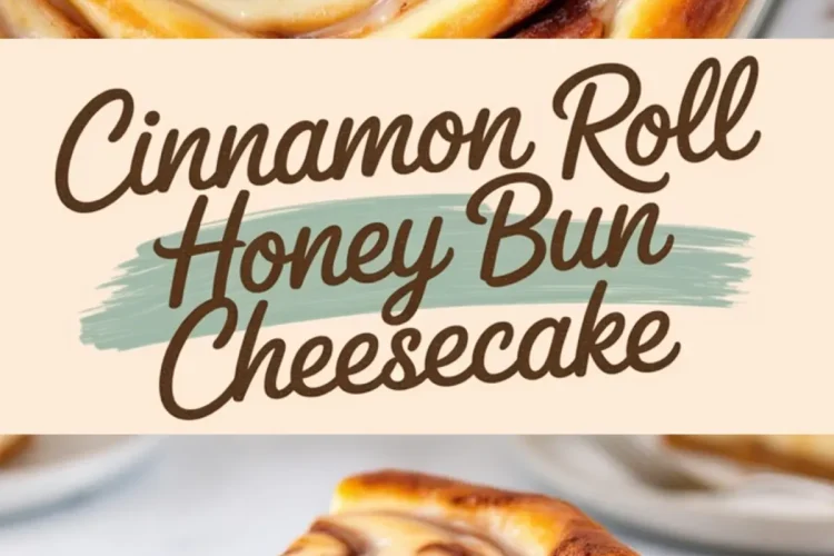 Top and bottom view collage of cinnamon roll honey bun cheesecake with a golden cinnamon swirl top and a slice served on a small plate, showing creamy cheesecake layers and drizzled icing.