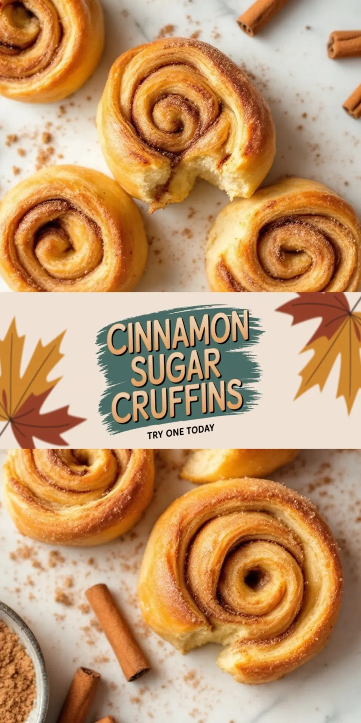 A batch of cinnamon sugar cruffins displayed on a white marble background, with one cruffin partially eaten to reveal its soft, layered interior. Cinnamon sticks and sugar dusting add texture. A fall-inspired text banner in earthy tones reads “Cinnamon Sugar Cruffins – Try One Today.”