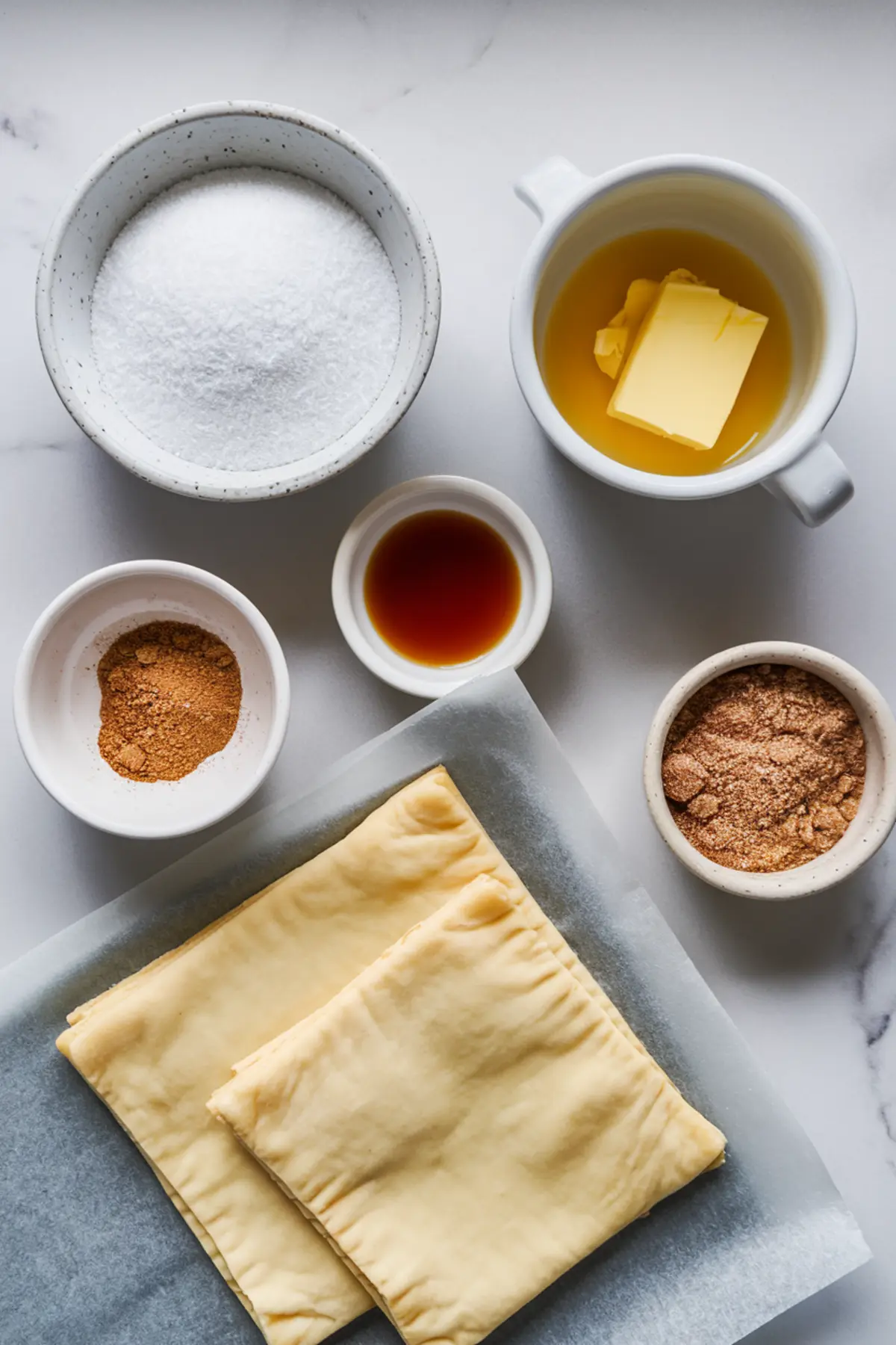 Overhead view of baking ingredients arranged on a white marble surface, including puff pastry sheets, granulated sugar, melted butter with butter chunks, vanilla extract, ground cinnamon, and cinnamon sugar in ceramic bowls.