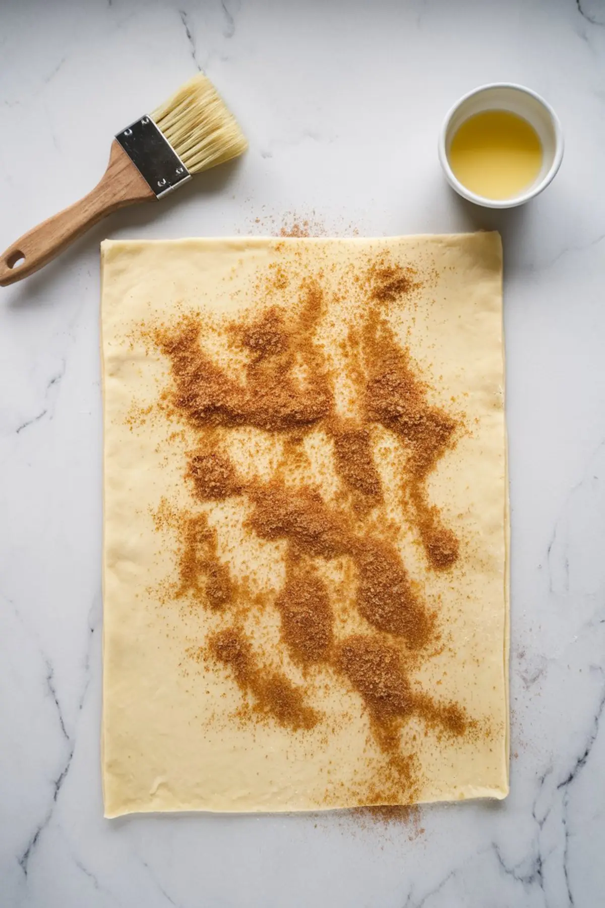 A rolled-out sheet of puff pastry sprinkled with cinnamon sugar, set on a marble countertop. A pastry brush with a wooden handle and a small bowl of melted butter sit nearby, ready for baking.