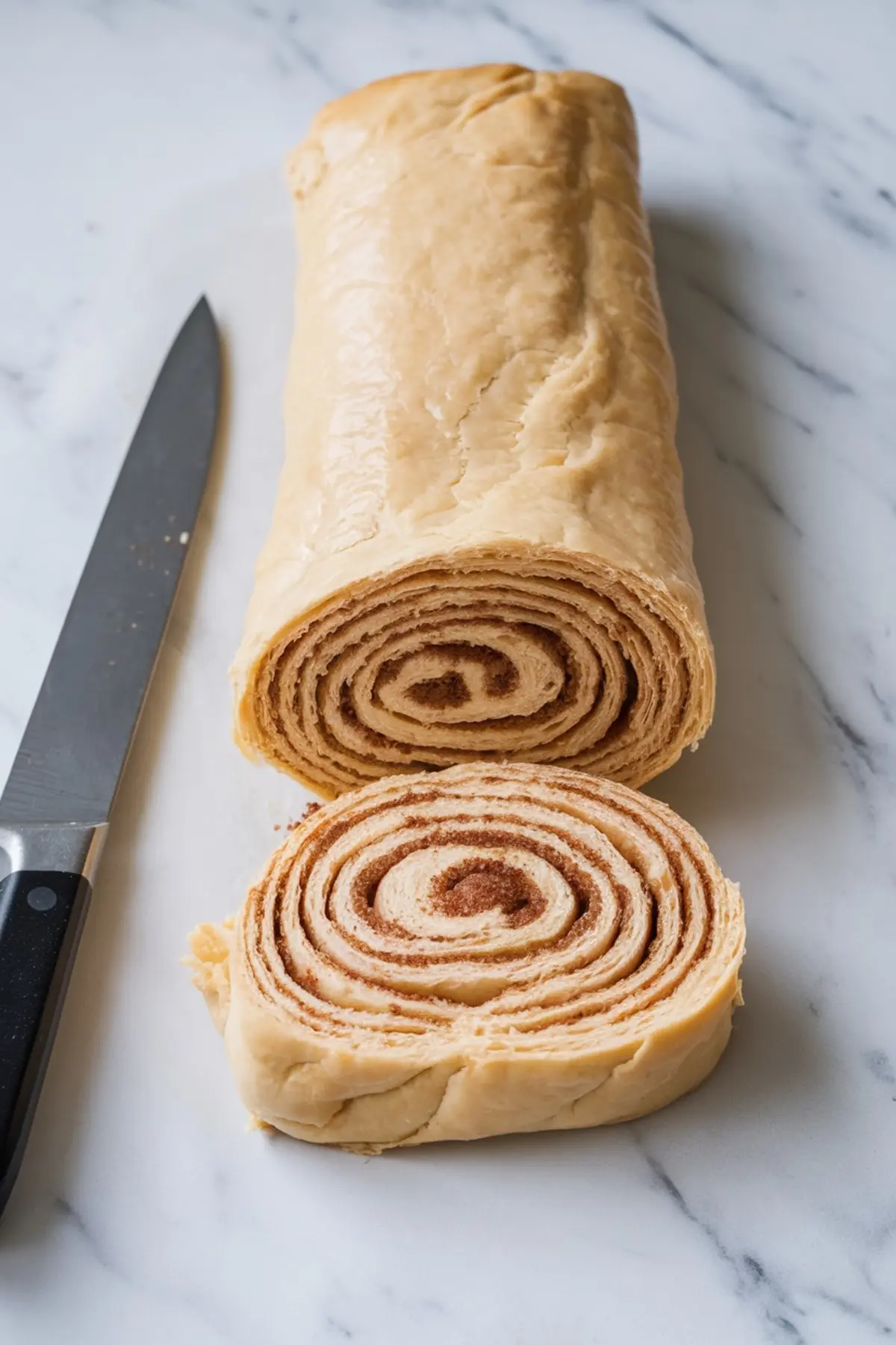 A partially sliced roll of cinnamon sugar-filled puff pastry on a marble surface, revealing its delicate, layered spirals. A sharp knife rests beside the roll, ready for further slicing and baking.