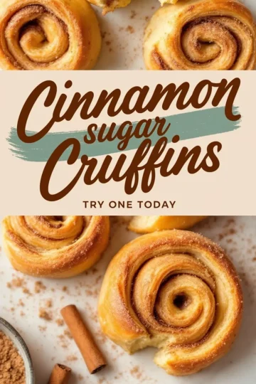 A promotional image featuring cinnamon sugar cruffins on a white surface, with a modern text overlay reading “Cinnamon Sugar Cruffins – Try One Today.” Cinnamon sticks and sugar dusting enhance the composition.