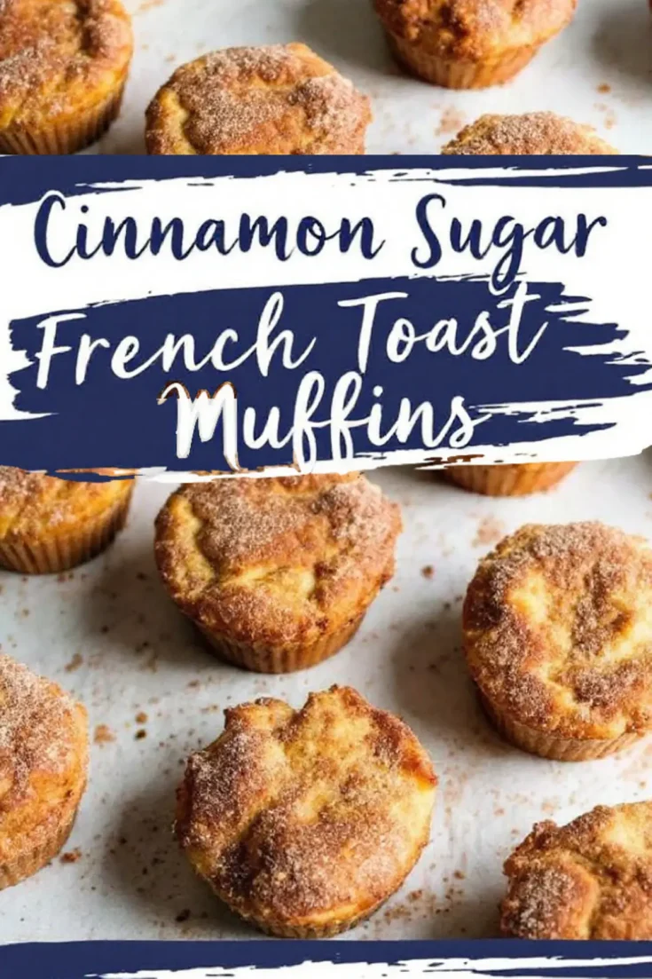 A baking tray with several cinnamon sugar French toast muffins, their tops slightly cracked and caramelized. The muffins are arranged casually with some slightly tilted. A bold, navy text overlay highlights the recipe title.