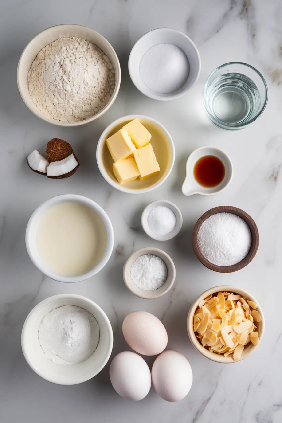 Flat lay of coconut cream tart ingredients arranged on a marble surface, including flour, sugar, butter cubes, shredded coconut, coconut chunks, vanilla extract, eggs, milk, salt, baking powder, and water in separate bowls.
